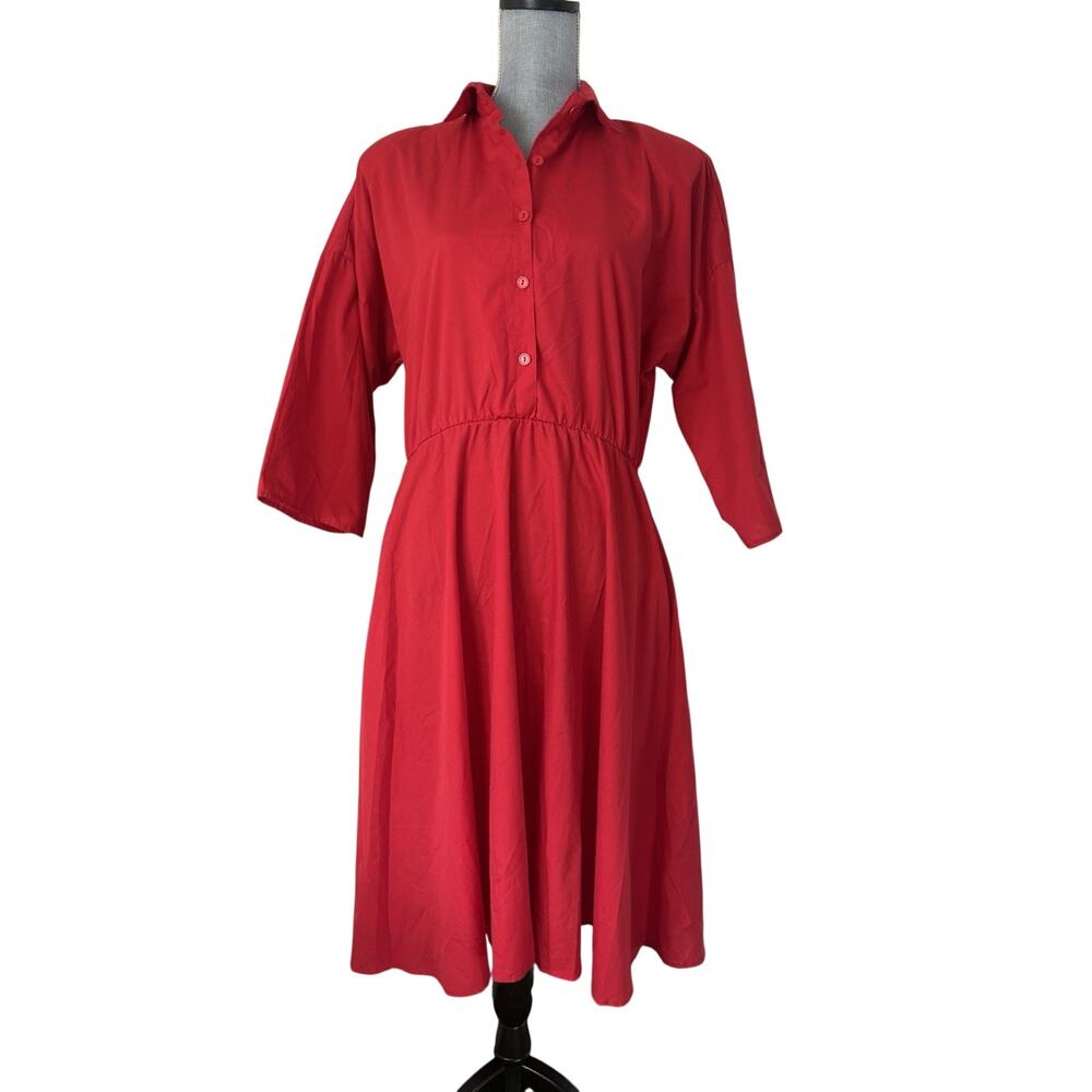 Vintage 80s Vicki Wayne Red Shirt Dress L Dolman Sleeve Pockets Collared